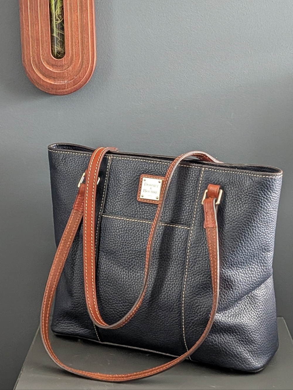 Dooney & Bourke Lexington Midnight Blue Pebble Leather With Brown Handles